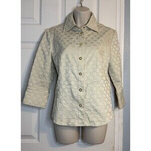 St. John Sport Beige Cream Fabric Jacket Embossed Logo Pattern Gold Snap Sz P